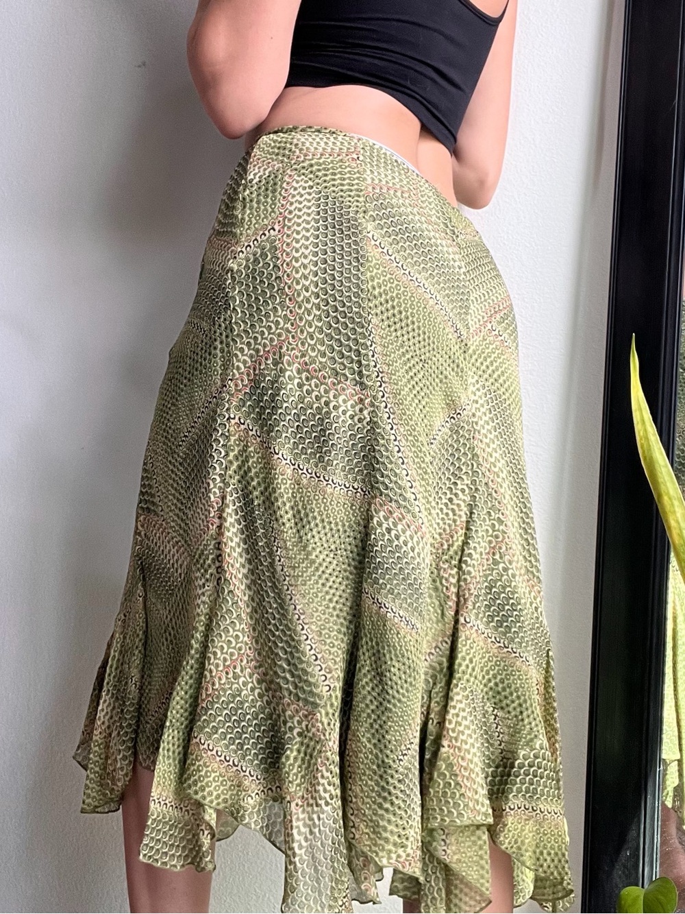 Anne Klein 100% Silk Olive Green Patterned Skirt